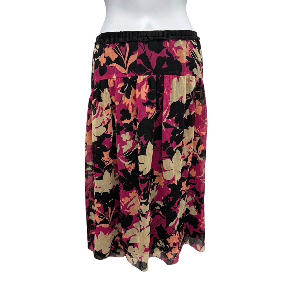 Apostrophe Womens XL Floral Midi Skirt Black Magenta Chiffon Lined Boho